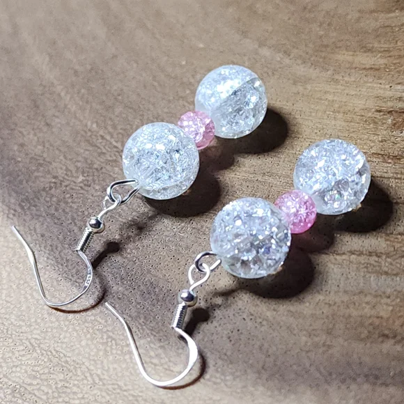 Hand Crafted Pink And Clear Crackled Glass and Silver Toned Dangle Drop Earrings - Picture 4 of 5